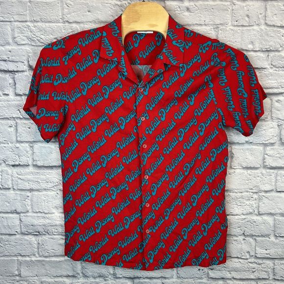 VTG Walt Disney Parks World All Over Print Logo Rayon Hawaiian Shirt Size Medium - Picture 2 of 7